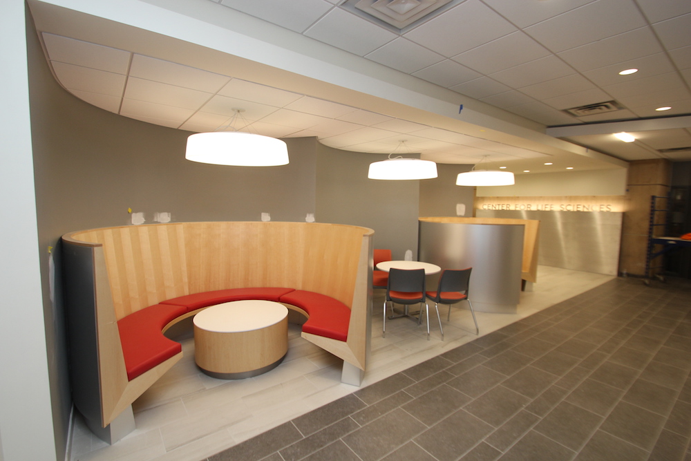 A lounge area in HCC's new Center for Life Sciences